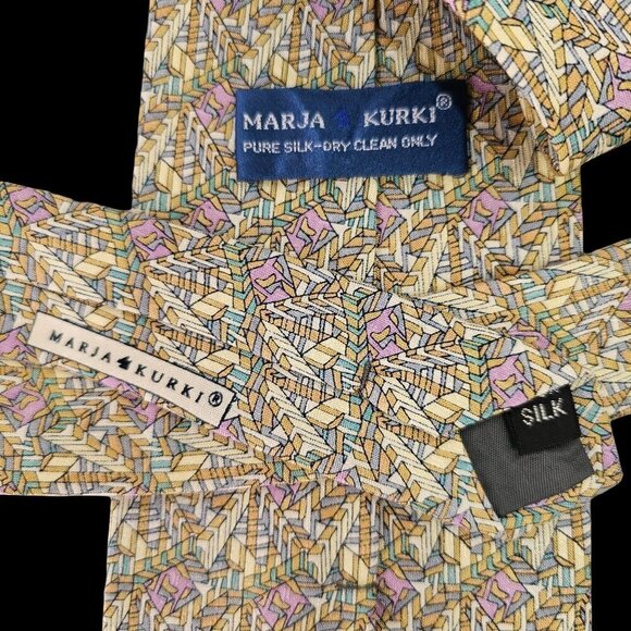 Marja Kurki Silk Tie Geometric Pattern Violet Aqua Tan Lime Green 4" W Vintage - Picture 3 of 5